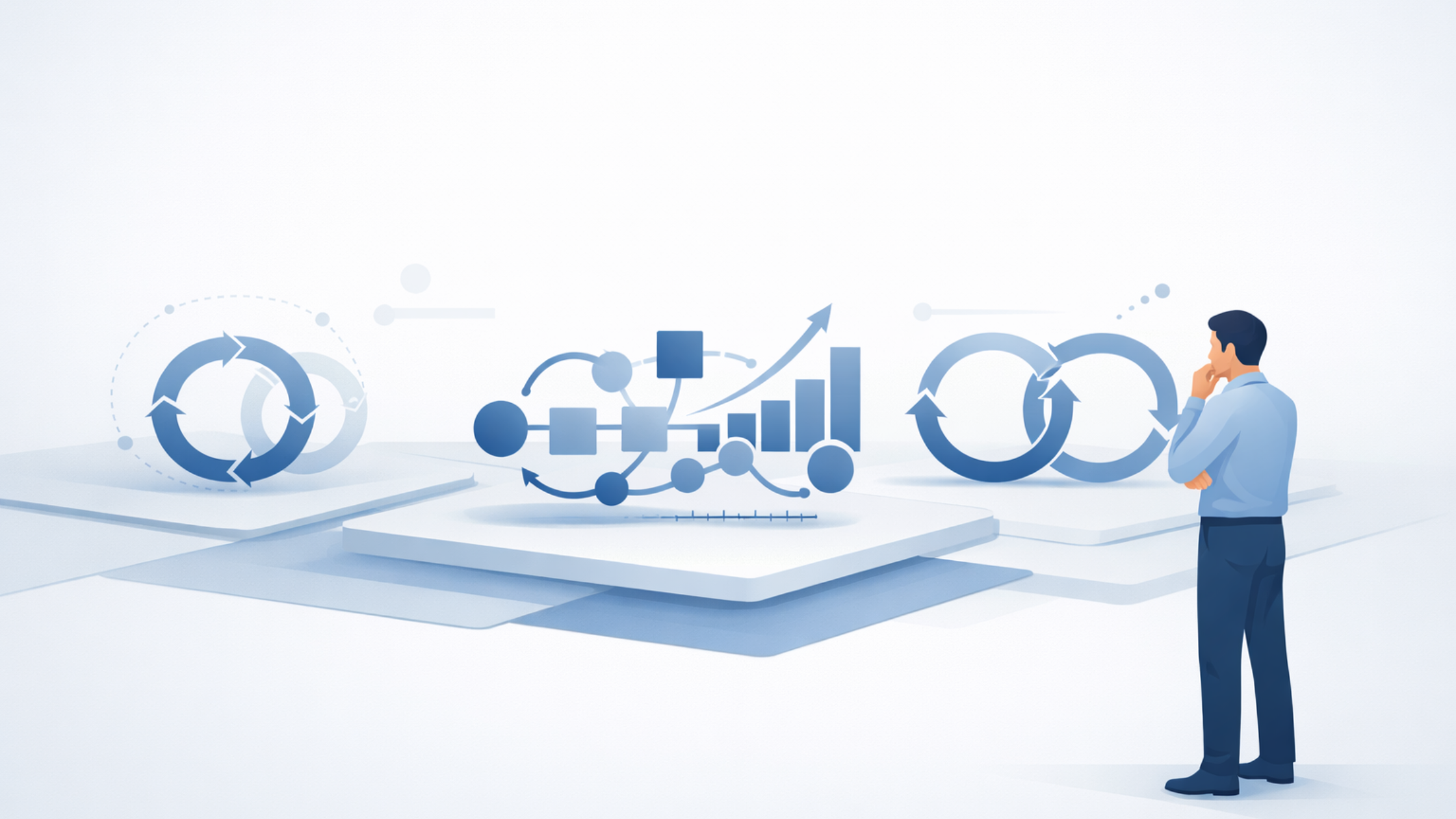 Illustratie van analytische vergelijking van verschillende abstracte verbeteraanpakken, met één meer datagedreven procespad en meerdere lichtere, iteratieve cycli.