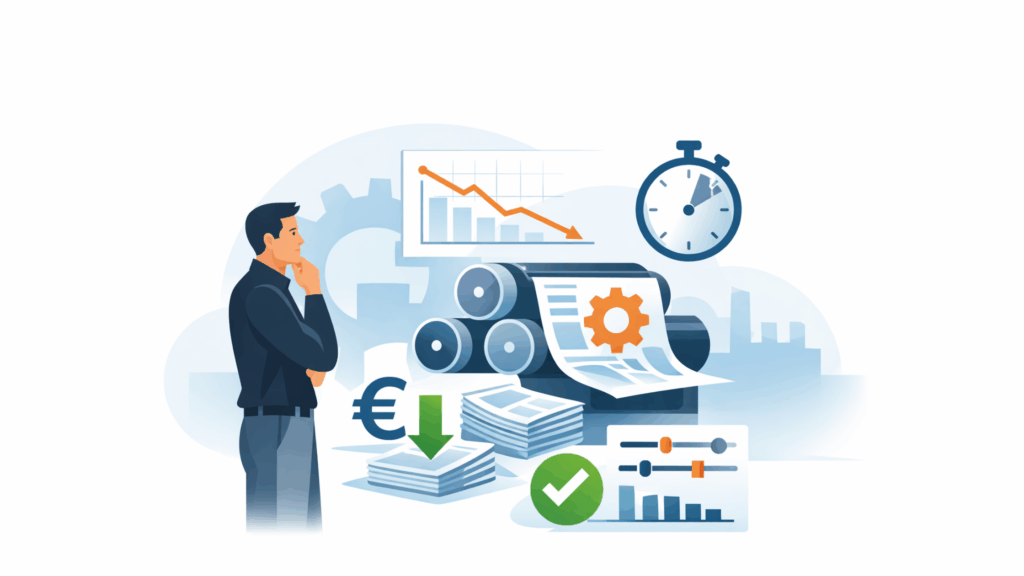 Professionele illustratie van een drukkerijomgeving waarin een medewerker analyserend kijkt naar een drukpers, met abstracte symbolen voor kostenreductie, procesbeheersing en efficiëntie.