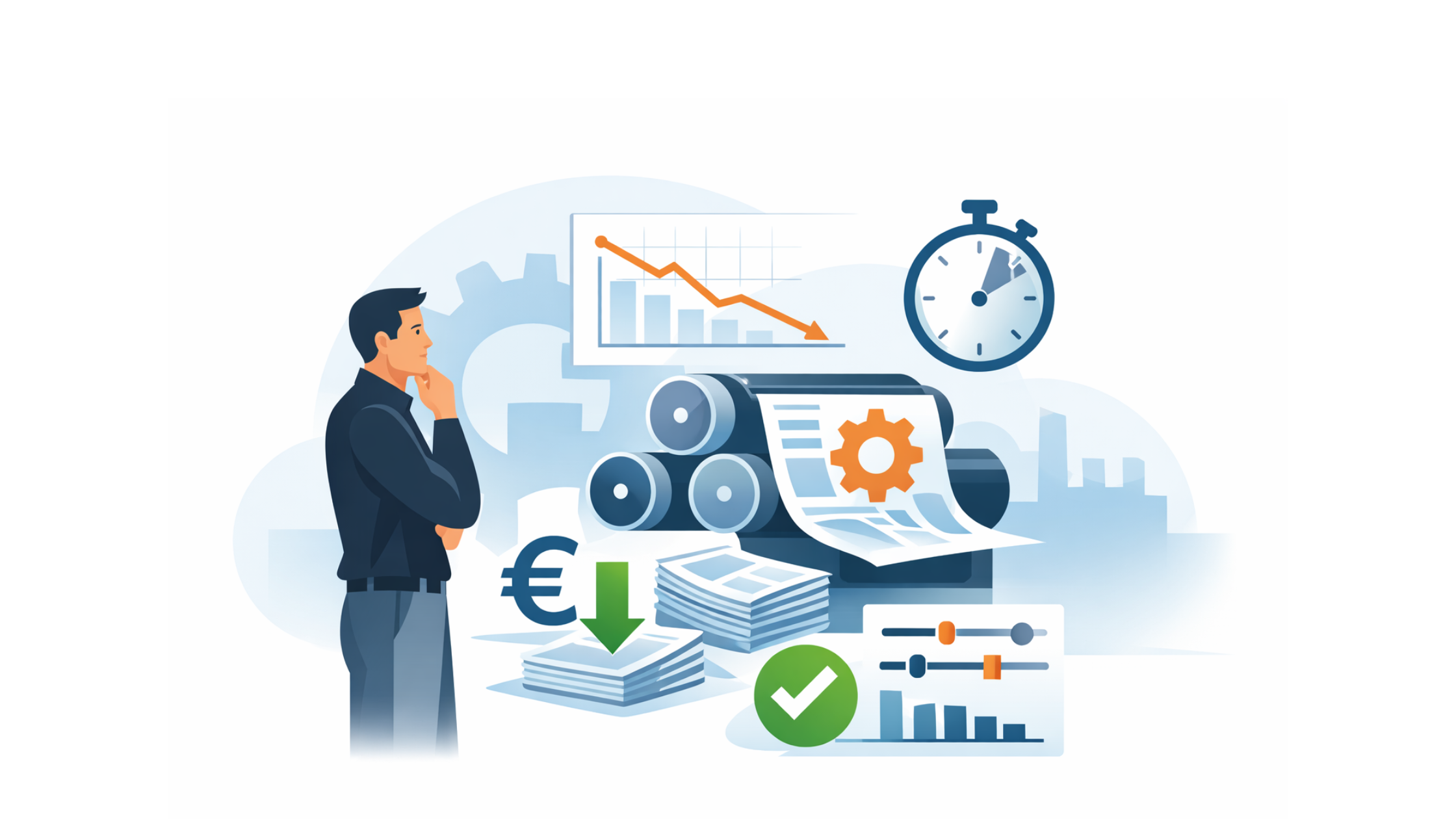 Professionele illustratie van een drukkerijomgeving waarin een medewerker analyserend kijkt naar een drukpers, met abstracte symbolen voor kostenreductie, procesbeheersing en efficiëntie.