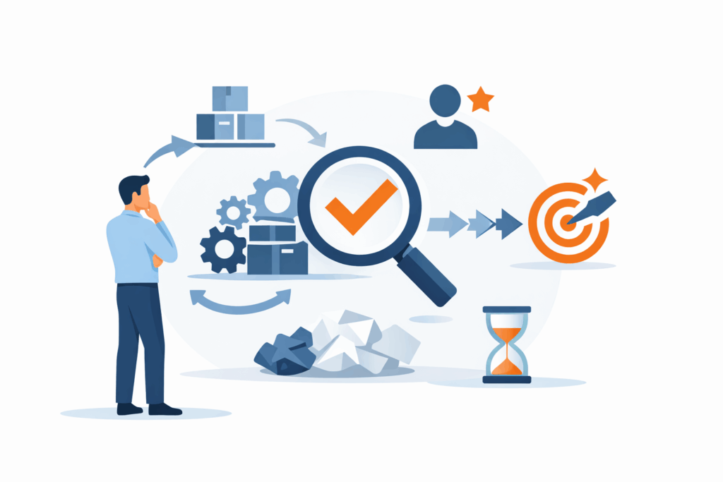 De illustratie verbeeldt Lean training als een analytisch en reflectief leerproces waarin een professional nadenkend kijkt naar abstracte symbolen voor procesdenken, klantwaarde en samenhang, terwijl verspilling en tijdverlies subtiel op de achtergrond aanwezig zijn, uitgevoerd in een rustige, zakelijke stijl die het denken over verbeteren centraal stelt zonder concrete methodes of oplossingen te tonen.