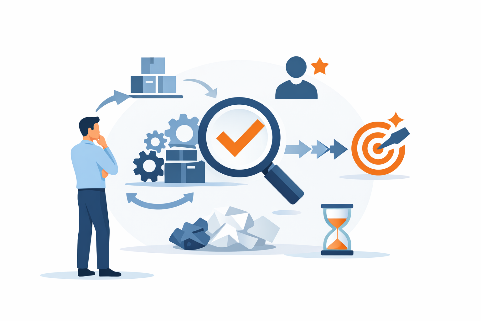 De illustratie verbeeldt Lean training als een analytisch en reflectief leerproces waarin een professional nadenkend kijkt naar abstracte symbolen voor procesdenken, klantwaarde en samenhang, terwijl verspilling en tijdverlies subtiel op de achtergrond aanwezig zijn, uitgevoerd in een rustige, zakelijke stijl die het denken over verbeteren centraal stelt zonder concrete methodes of oplossingen te tonen.