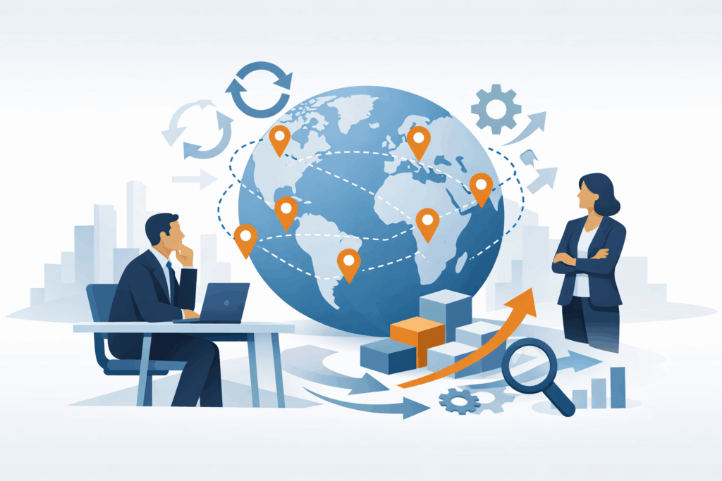 Abstracte zakelijke illustratie van een wereldwijde organisatie: een grote blauwe wereldbol met verbindingslijnen en locatiesymbolen, omringd door twee nadenkende professionals en symbolen voor analyse, samenwerking en continue verbetering.