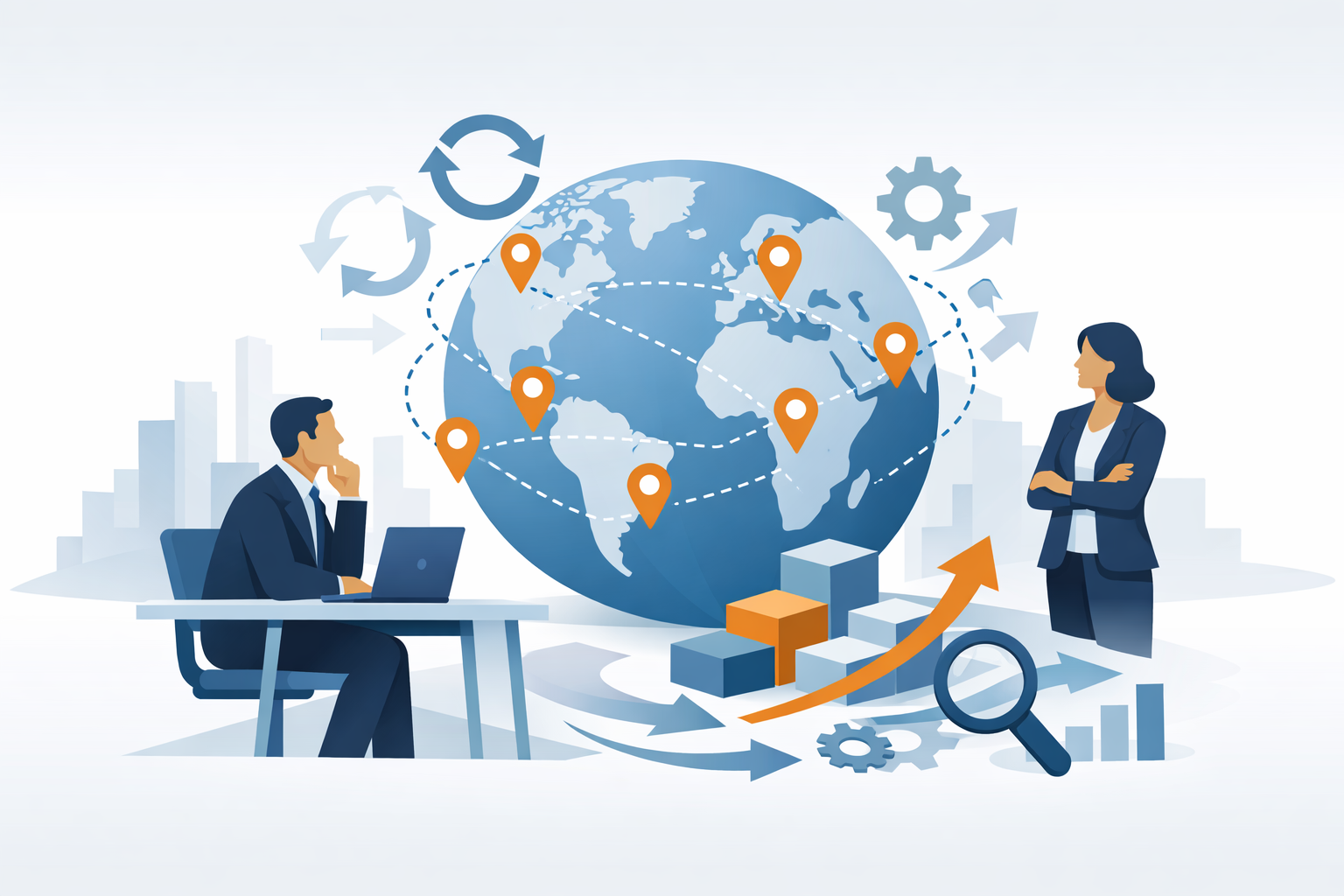 Abstracte zakelijke illustratie van een wereldwijde organisatie: een grote blauwe wereldbol met verbindingslijnen en locatiesymbolen, omringd door twee nadenkende professionals en symbolen voor analyse, samenwerking en continue verbetering.